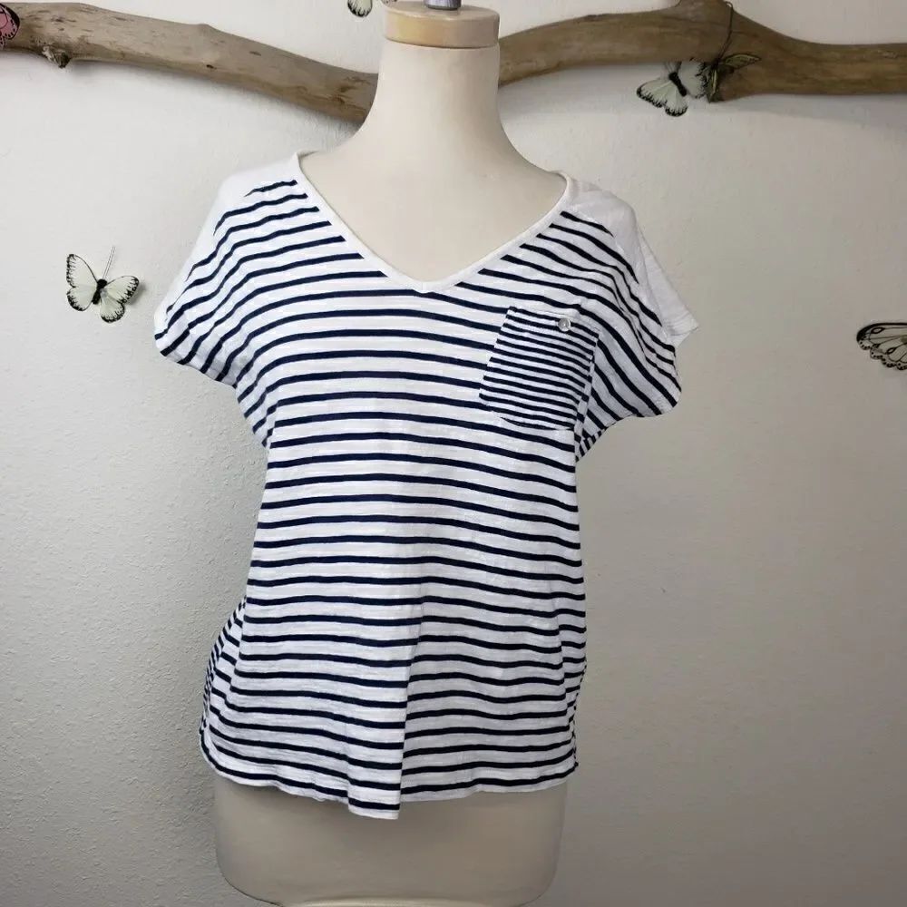 J.jill striped easy v-neck tee blue and white